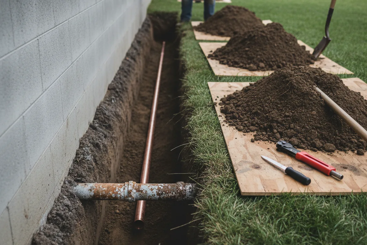 Excavated water line trench during Sewer Line Repair in Big Cove Tannery